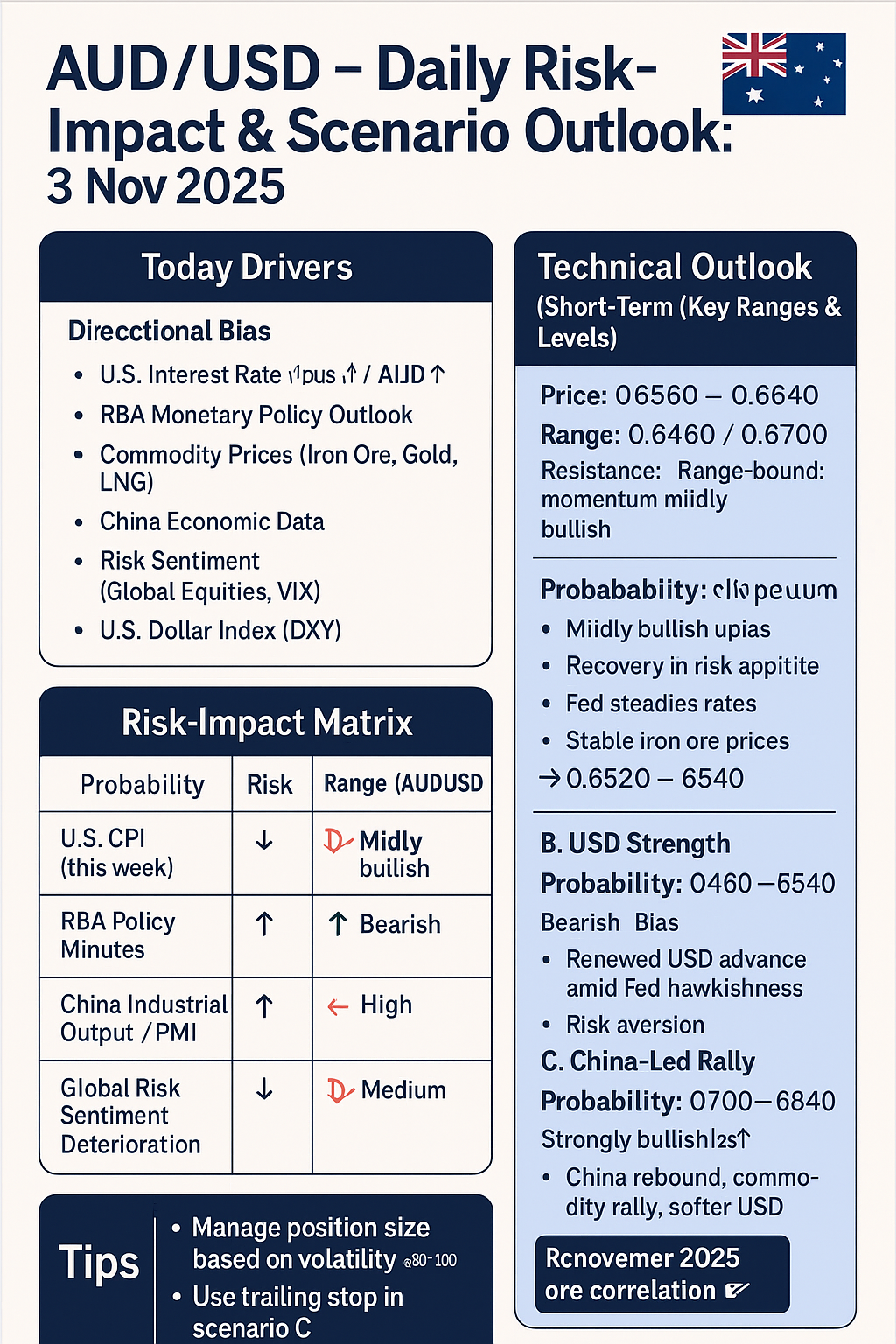 AUD/USD — Daily Risk-Impact & Scenario Outlook: 3 Nov 2025