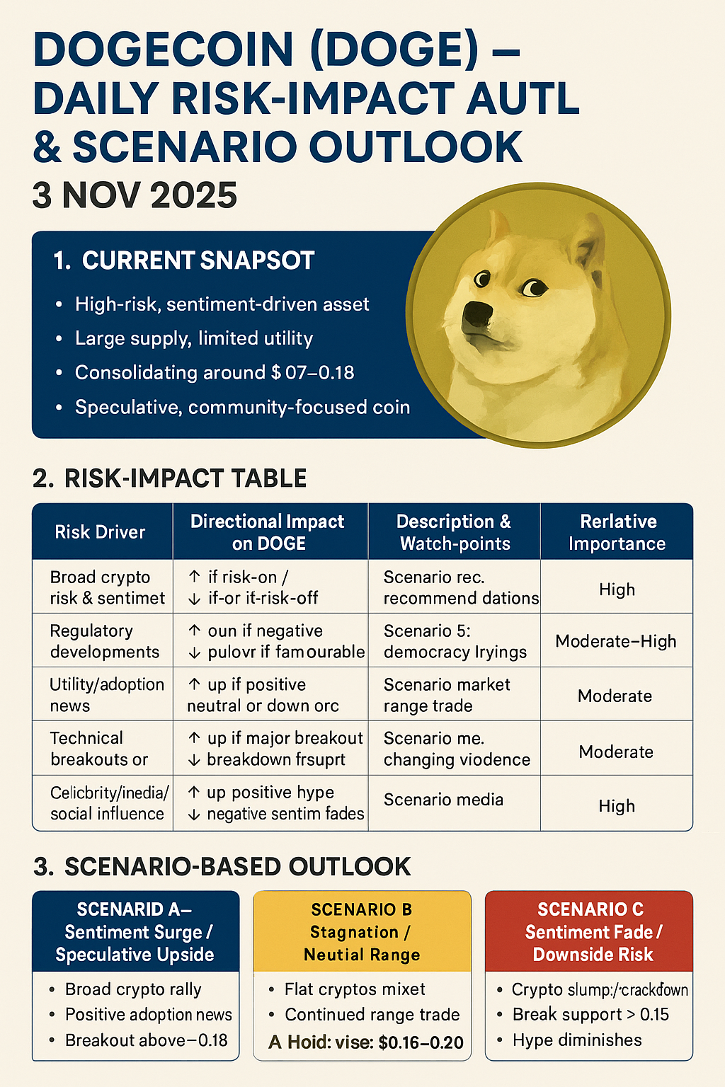 Dogecoin or DOGE — Daily Risk-Impact & Scenario Outlook: 3 Nov 2025