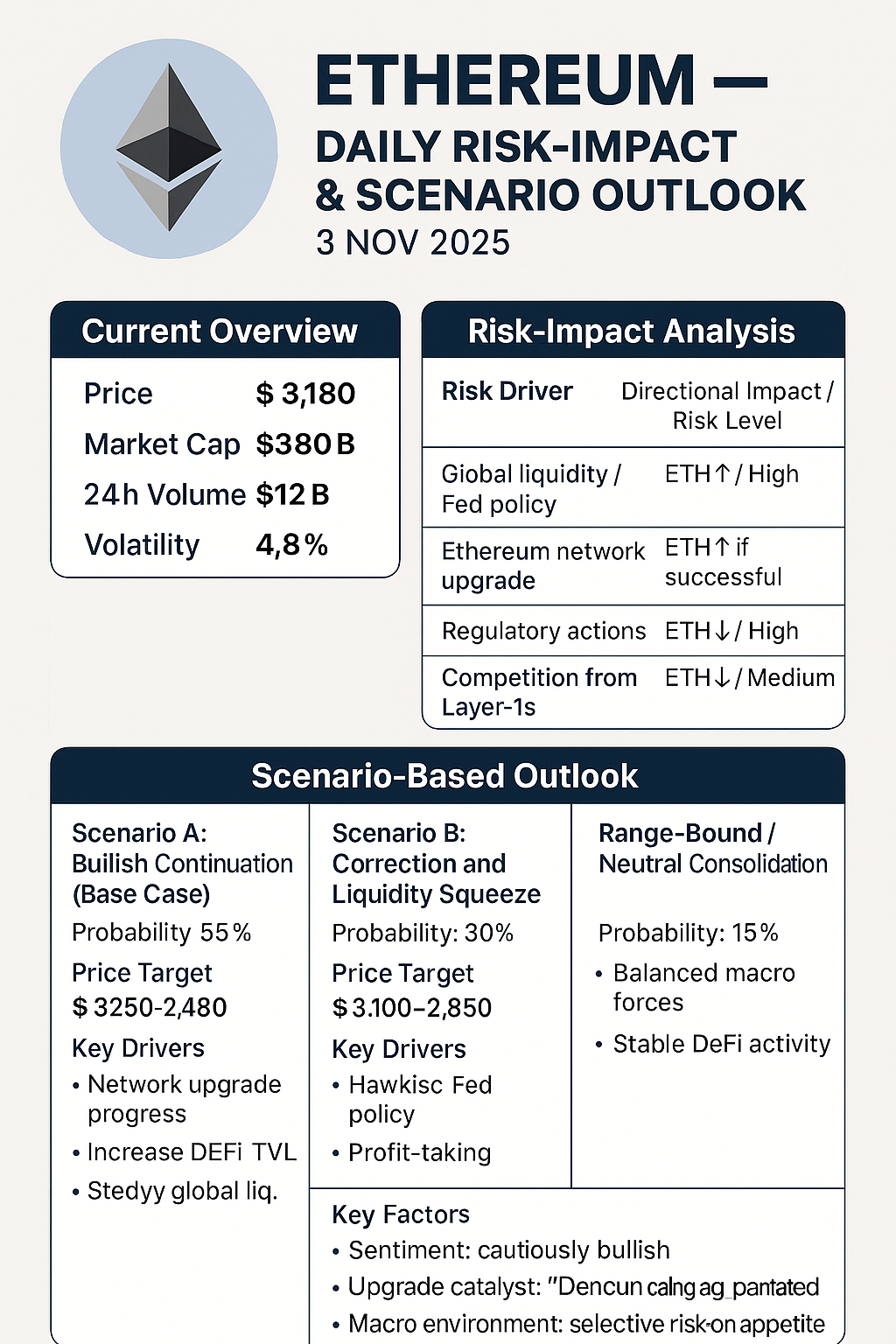 Ethereum or ETH — Daily Risk-Impact & Scenario Outlook: 3 Nov 2025