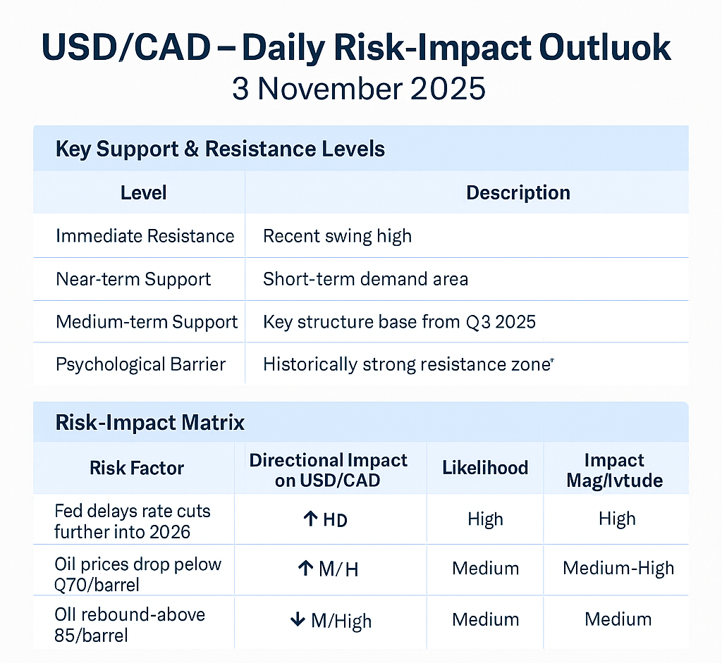 USD/CAD — Daily Risk-Impact & Scenario Outlook: 3 Nov 2025