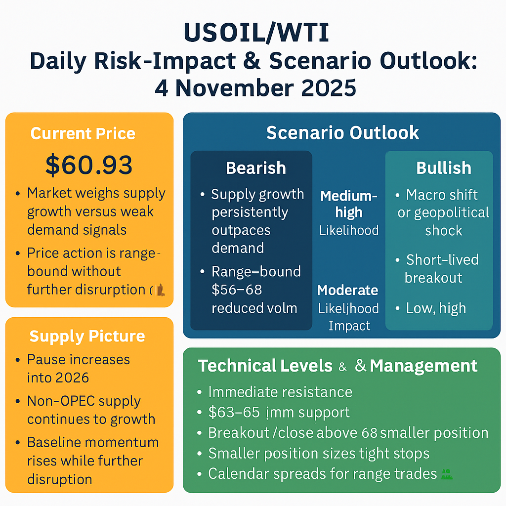 USOIL/WTI — Daily Risk-Impact & Scenario Outlook: 4 Nov 2025
